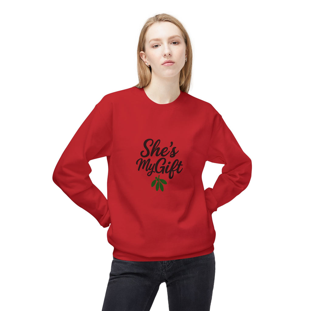 She’s My Gift Sweatshirt — His/Her Christmas Couple Matching Holiday Crewneck