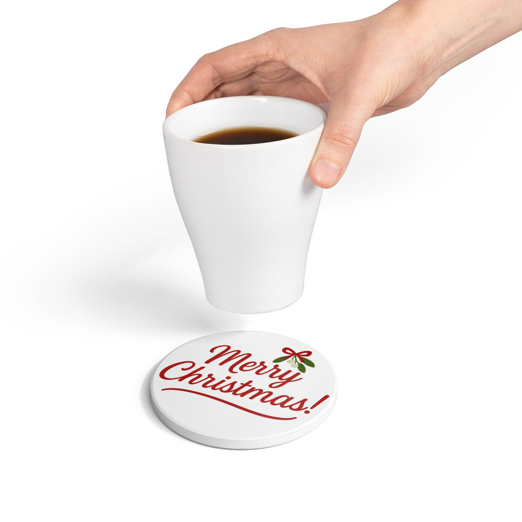 Merry Christmas! Ceramic Coaster — Holiday Drink Coaster with Mistletoe