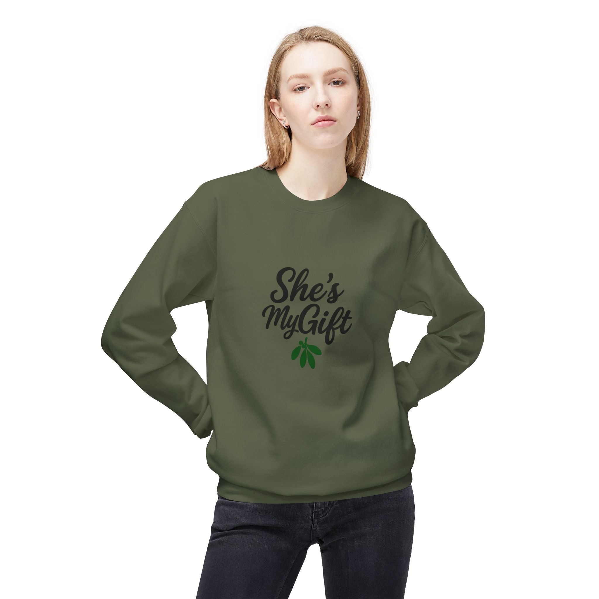 She’s My Gift Sweatshirt — His/Her Christmas Couple Matching Holiday Crewneck